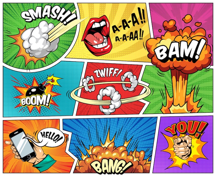 Vector gratuito comic composición brillante con explosivos rayos de semitono