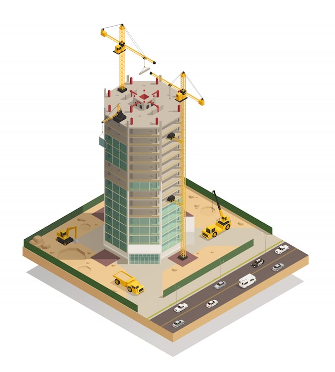 Vector gratuito composición isométrica de construcción de rascacielos