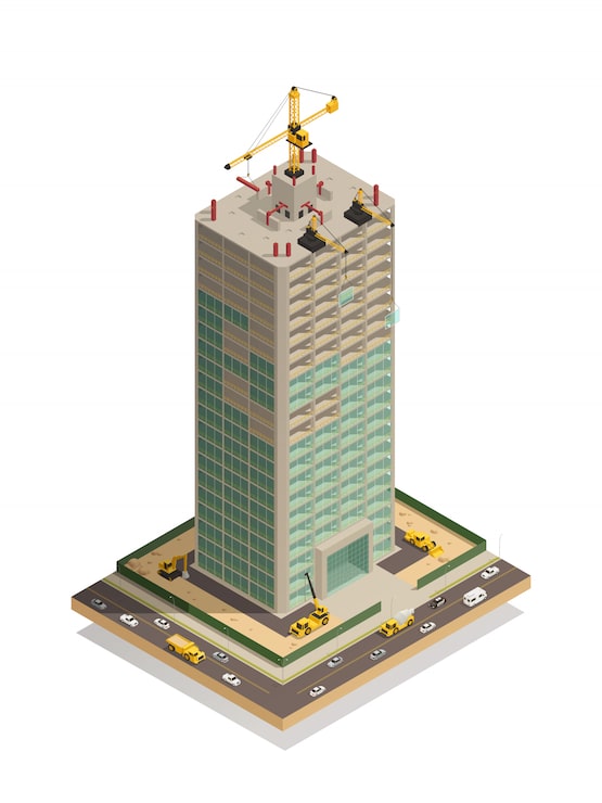 Vector gratuito composición isométrica de construcción de rascacielos