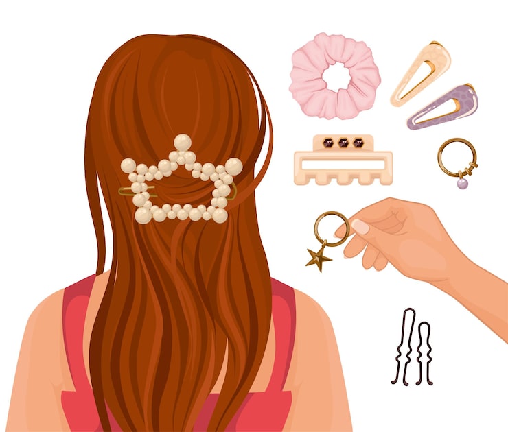 Vector gratuito composición plana con niña de pelo largo y mano de peluquero sosteniendo un artículo de bisutería para ilustración de decoración de peluquería femenina