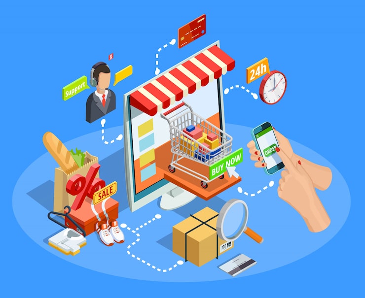 Vector gratuito compras concepto de comercio electrónico cartel isométrico