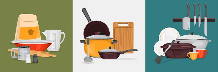 Vector gratuito concepto de diseño de cocina con tres composiciones cuadradas de equipo de cocina para diferentes situaciones de cocina.