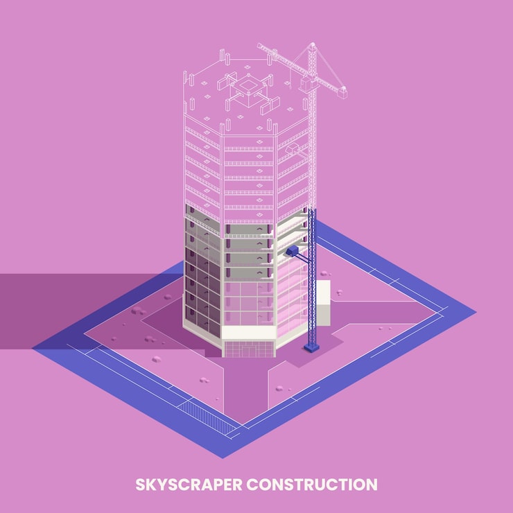 Vector gratuito concepto isométrico de construcción de rascacielos con símbolos de construcción y preparación