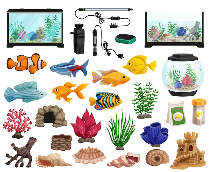 Vector gratuito conjunto de acuarios y peces de acuario