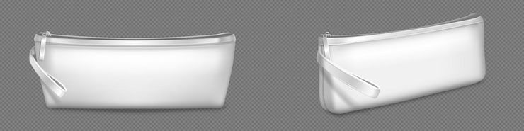 Vector gratuito conjunto de bolsas de maquillaje blancas con cremallera para cosméticos.
