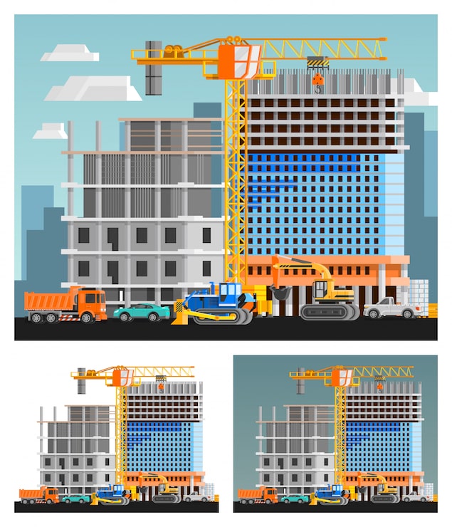 Vector gratuito conjunto de composiciones de construcción y ciudad