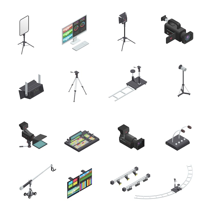 Vector gratuito conjunto de dieciséis iconos isométricos aislados de equipos de estudio de transmisión de video y televisión que incluyen ca