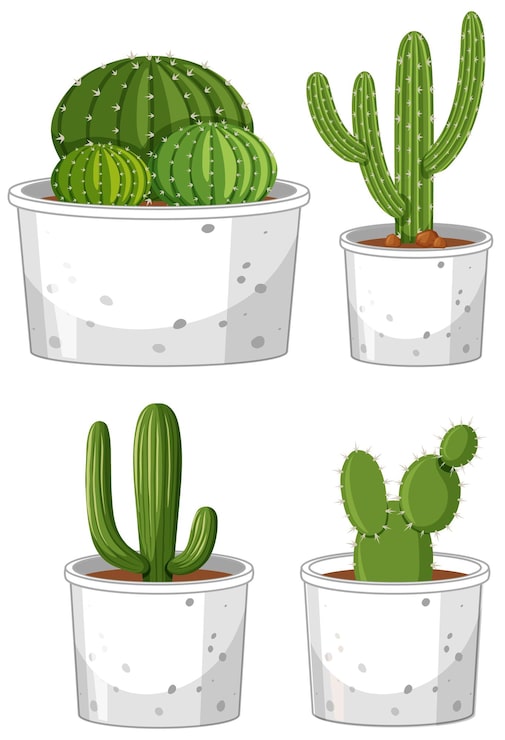 Vector gratuito conjunto de diferentes cactus en maceta sobre fondo blanco.