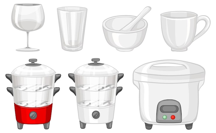 Vector gratuito conjunto de diferentes utensilios de cocina sobre un fondo blanco