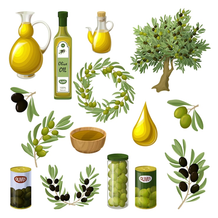 Vector gratuito conjunto de elementos de aceite de oliva de dibujos animados