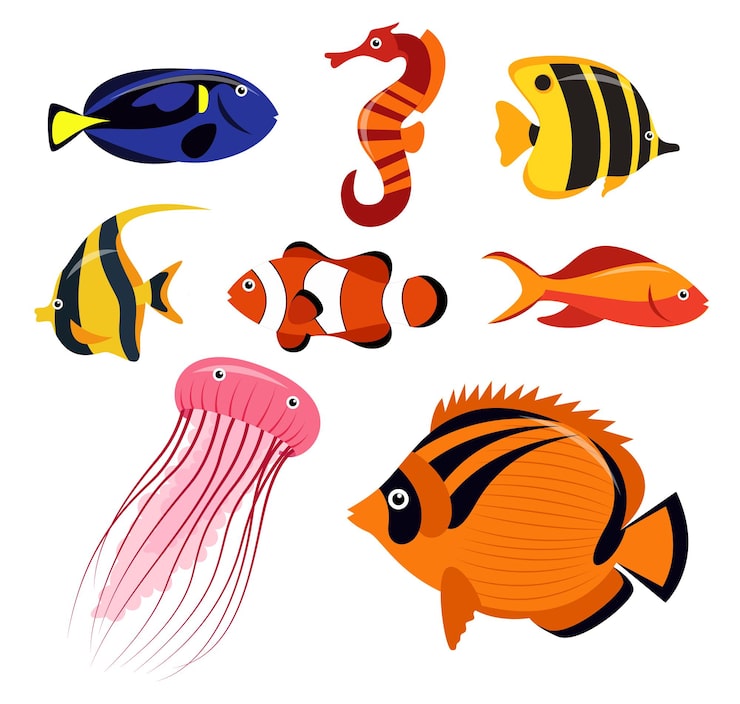 Vector gratuito conjunto de grupo de animales de criaturas marinas, peces, medusas y peces payaso en blanco