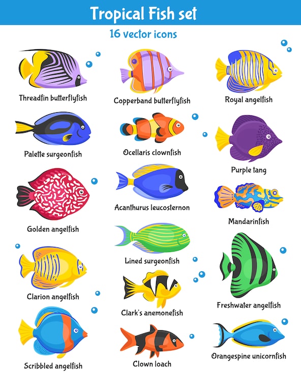 Vector gratuito conjunto de iconos de peces tropicales