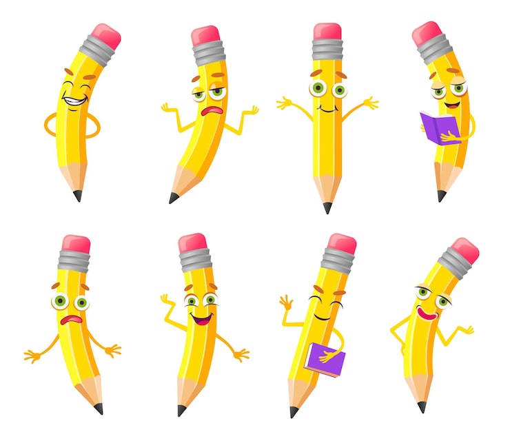 Vector gratuito conjunto de ilustraciones de personajes de dibujos animados lindo lápiz