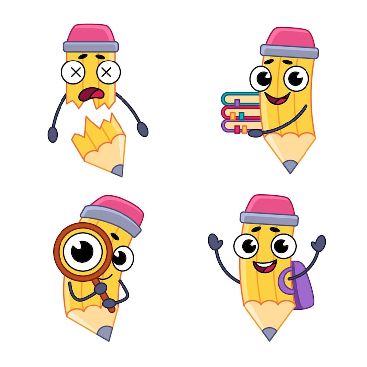 Vector gratuito conjunto de lápices de dibujos animados dibujados a mano rompiendo la celebración de libros lupa mochila