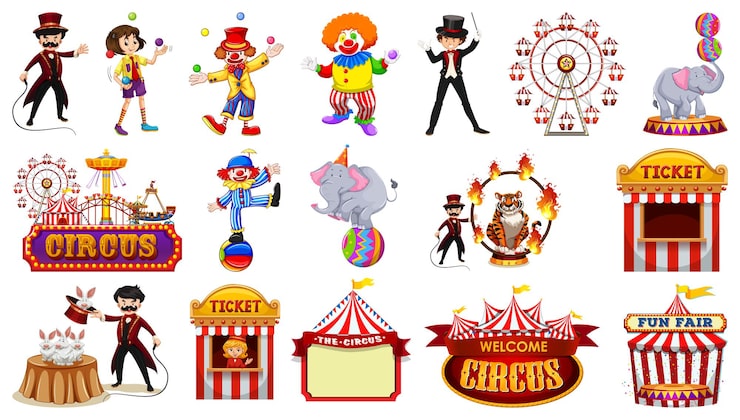 Vector gratuito conjunto de personajes de circo y elementos del parque de atracciones.
