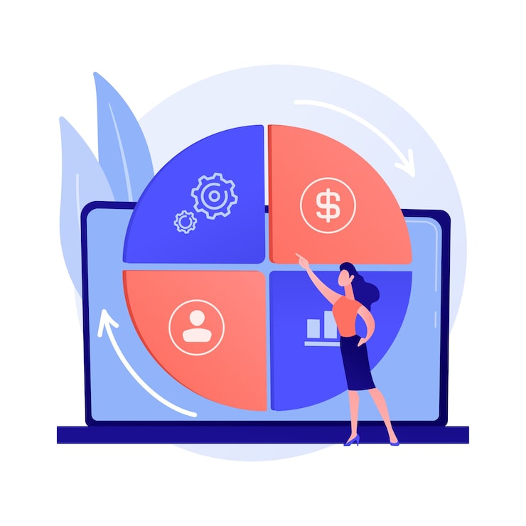 Vector gratuito cuadro de mando empresarial equilibrado. proyecto coherente, desarrollo empresarial armonioso, flujo de trabajo optimizado. experto en gestión empresarial.