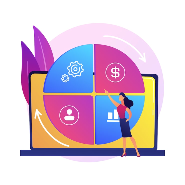 Vector gratuito cuadro de mando empresarial equilibrado. proyecto coherente, desarrollo empresarial armonioso, flujo de trabajo optimizado. experto en gestión empresarial