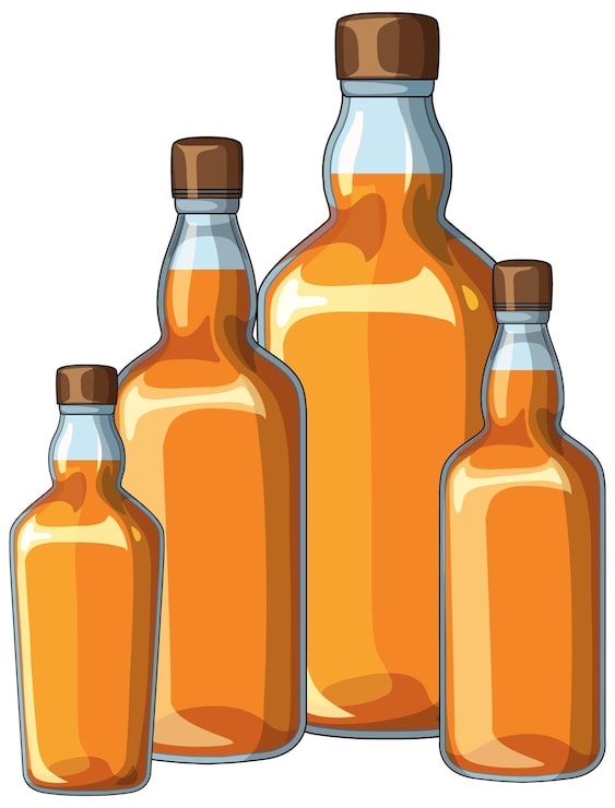 Vector gratuito cuatro botellas de vidrio llenas de líquido ámbar