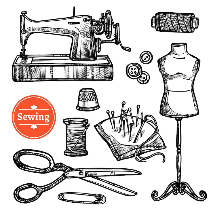 Vector gratuito dibujado a mano sketch set de costura