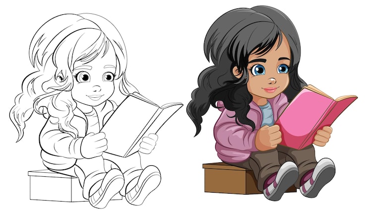 Vector gratuito dibujos animados de niña leyendo un libro