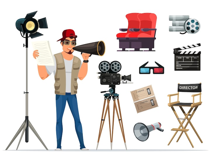 Vector gratuito director de cine y equipo de cinematografía conjunto hombre sujetando hojas de guión hablando con megáfono luces sillón taburete entradas cámara película bobina gafas claqueta tablero