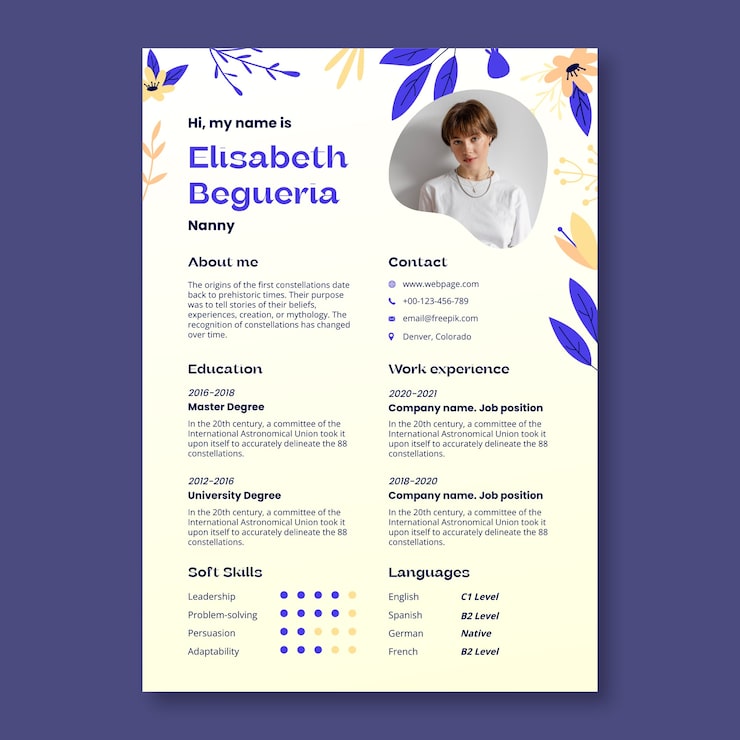 Vector gratuito diseño de plantillas de currículum para niñeras
