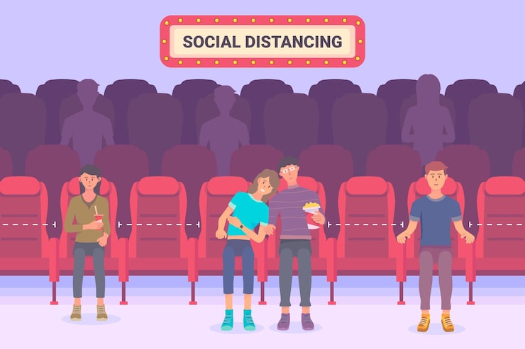 Vector gratuito distanciamiento social en salas de cine