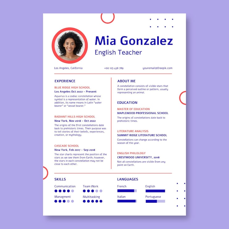 Vector gratuito duotone geométrico mia gonzalez plantilla de currículum de maestra de inglés
