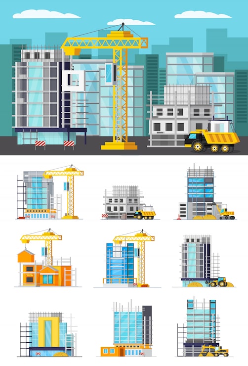 Vector gratuito edificio de ilustración y conjunto de edificios aislados