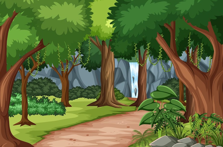 Vector gratuito escena del bosque con una pista de senderismo y muchos árboles