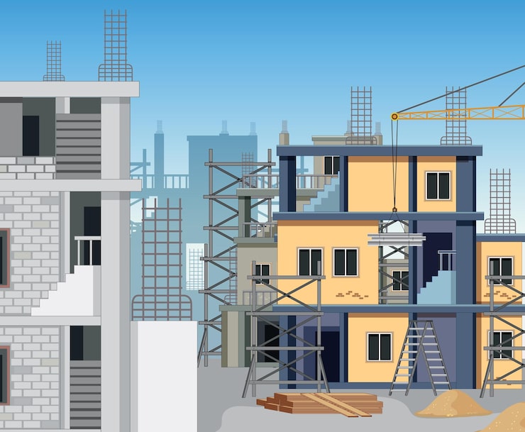 Vector gratuito escena del sitio de construcción de edificios
