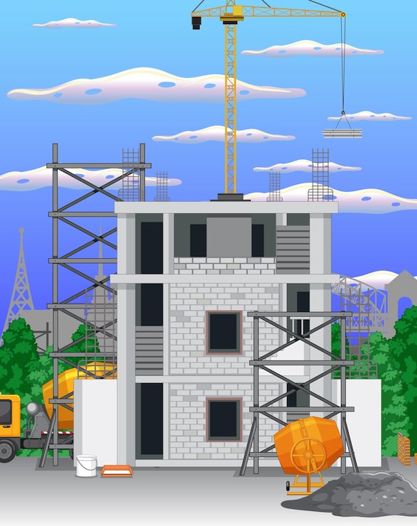 Vector gratuito escena del sitio de construcción de edificios