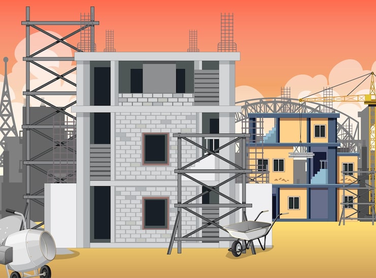 Vector gratuito escena del sitio de construcción de edificios