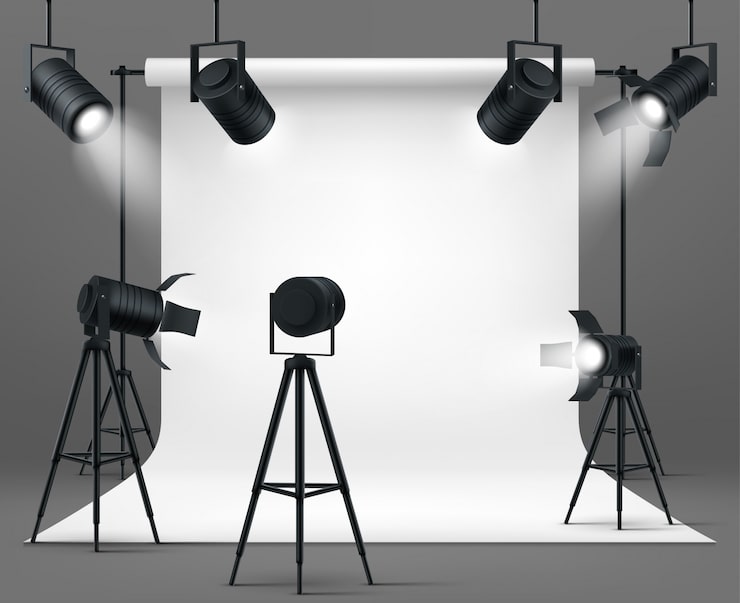 Vector gratuito estudio fotográfico con focos y fondo blanco