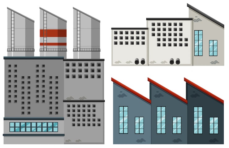 Vector gratuito fábrica de edificios en diferentes diseños de ilustración