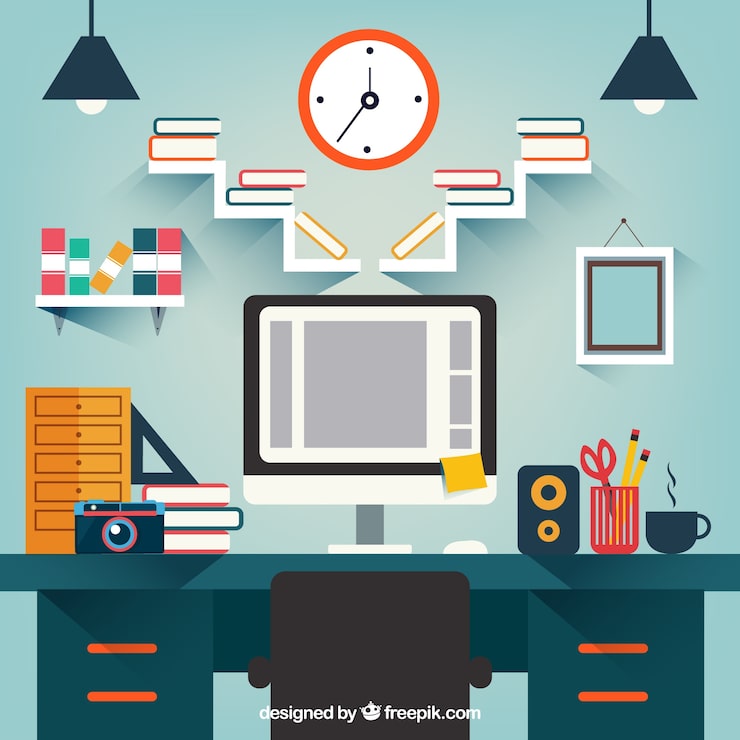 Vector gratuito fondo de habitación de estudio en diseño plano