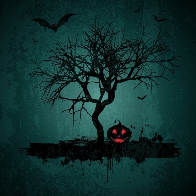 Vector gratuito fondo de halloween con árbol y calabaza en estilo grunge