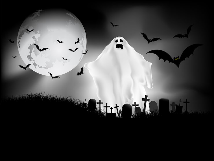 Vector gratuito fondo de halloween espeluznante con fantasma en el cementerio