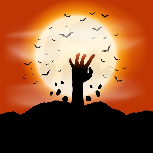 Vector gratuito fondo de halloween con mano de zombi que sale de la tierra