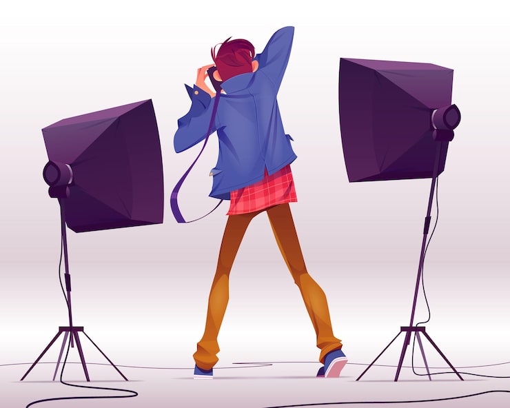 Vector gratuito fotógrafo con cámara toma fotos en vista trasera de estudio, sesión de fotos con backstage y equipo de iluminación profesional