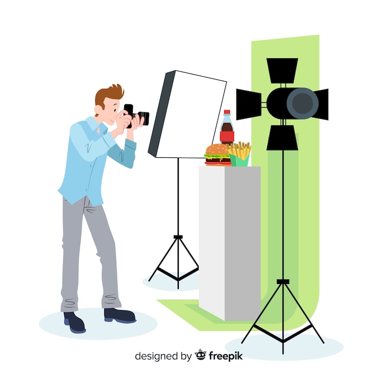 Vector gratuito fotógrafo de diseño plano tomando fotos en estudio