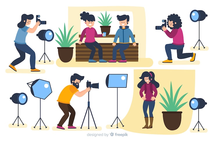 Vector gratuito fotógrafos ilustrados que toman fotos con la colección de diferentes modelos