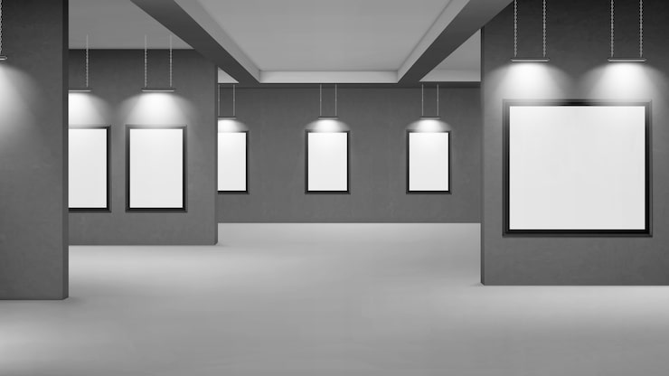 Vector gratuito galería vacía con marcos en blanco iluminados por focos.