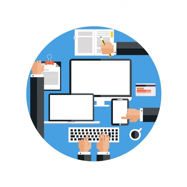 Vector gratuito hombres de negocios trabajando con diferentes dispositivos