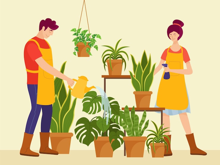 Vector gratuito ilustración plana de personas cuidando plantas.