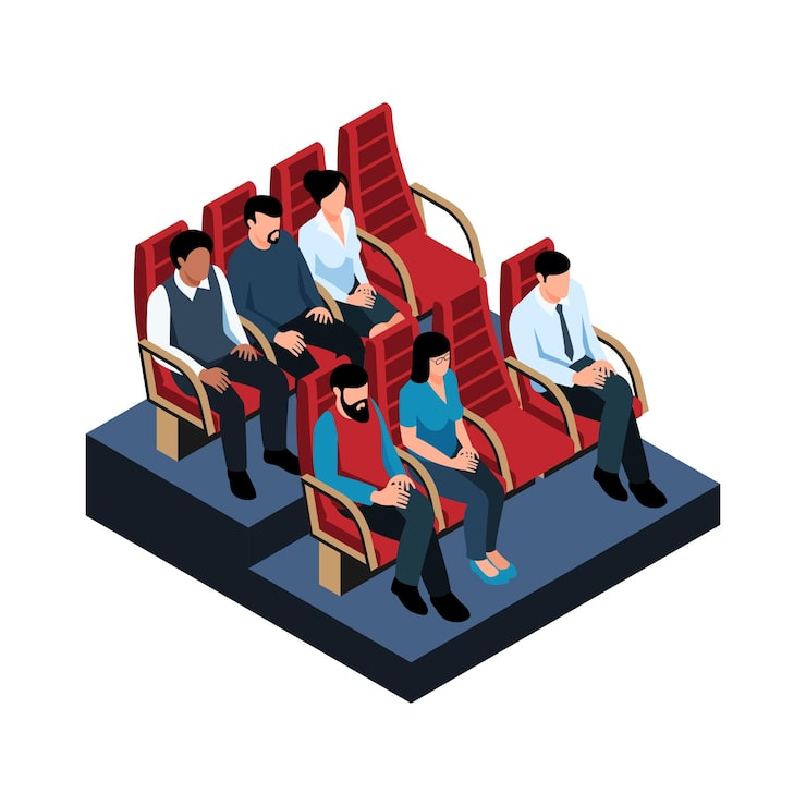 Vector gratuito ilustración de sala de cine con personajes isométricos en sus asientos.