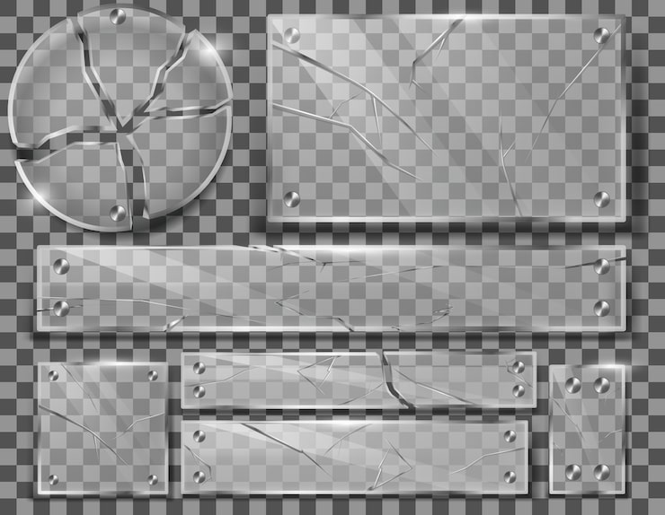 Vector gratuito juego de placas de vidrio transparente roto con grietas, paneles destrozados con fragmentos afilados.