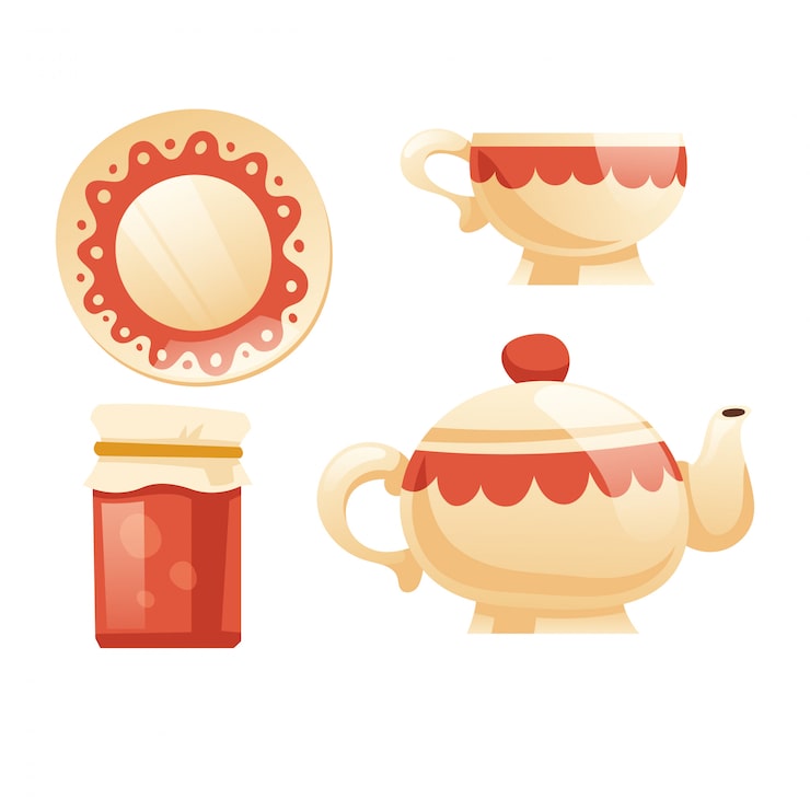 Vector gratuito juego de té con taza, tetera, platillo y mermelada