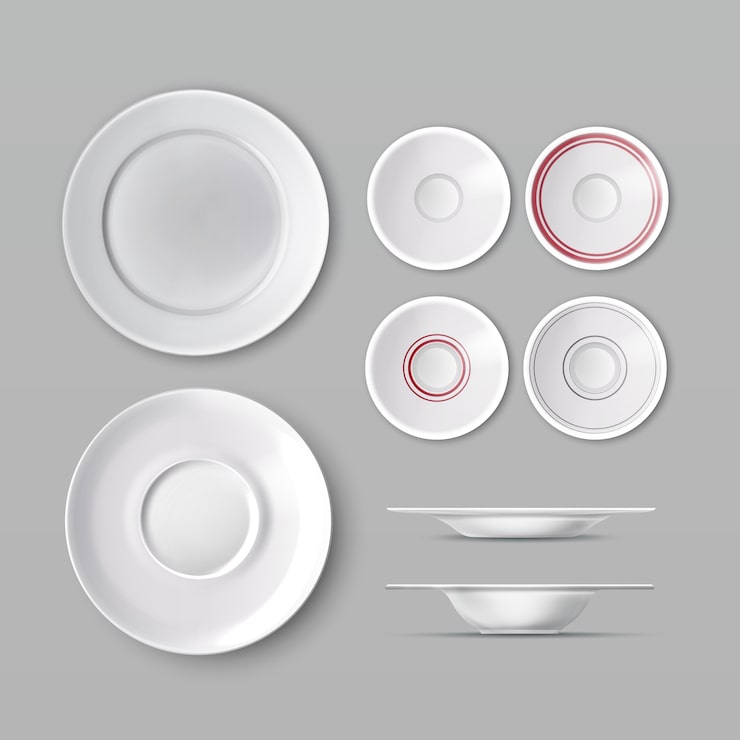 Vector gratuito juego de vajilla con platos vacíos blancos