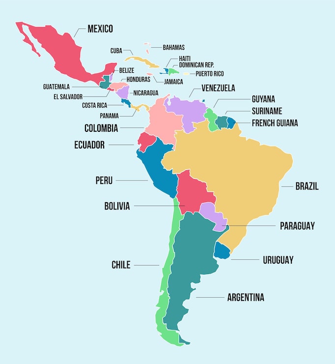 Vector gratuito mapa de américa latina con nombres de países